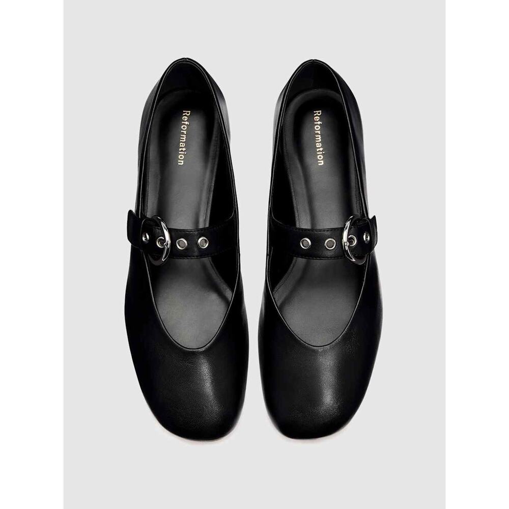 Reformation Black Bethany Leather Mary Jane Ballet Buckle Flat Size 9.5